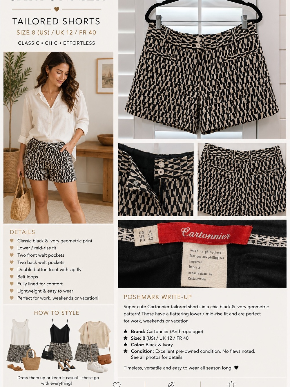 Cartonnier Black & Ivory Geometric High-Waist Shorts